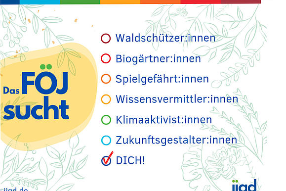 FÖJ sucht Teilnehmer für verschiedene Rollen wie Waldschützer und Zukunftsgestalter . 'DICH!' ist mit einem roten Häkchen hervorgehoben.